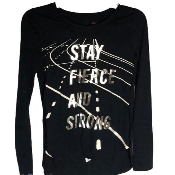 joe fresh black long sleeve graphic shirt stay fierce and strong high low size k - Picture 1 of 7